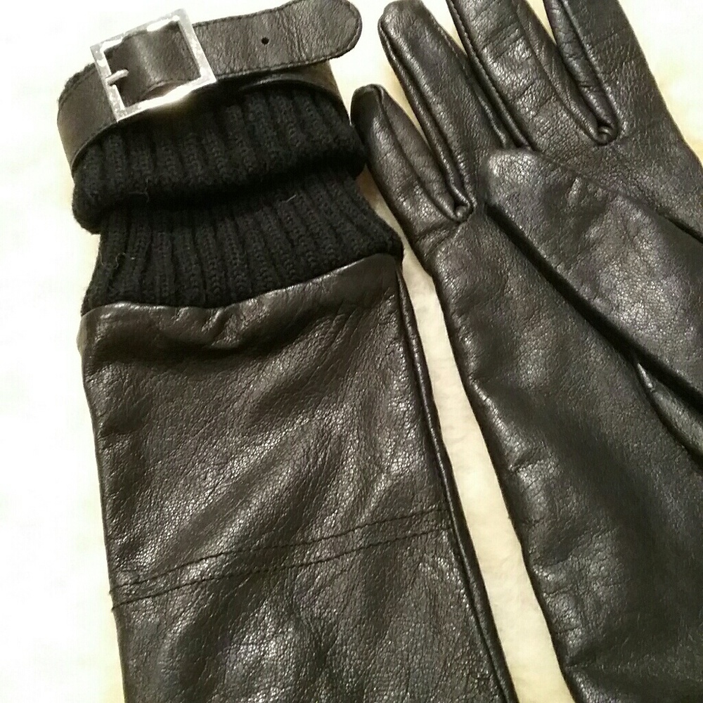 Women's Black Leather Long Gloves with Knit Cuff